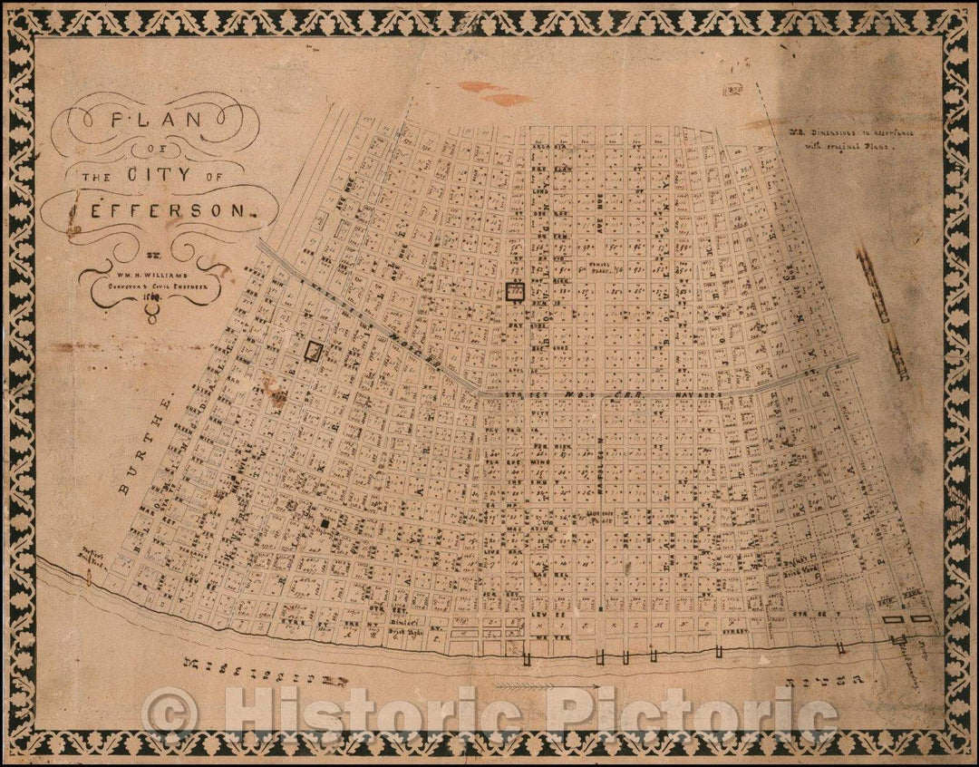 Historic Map - Plan of the City of Jefferson. Wm H. Williams Surveyor & Civil Engineer, 1860, William H. Williams - Vintage Wall Art