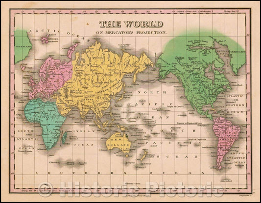 Historic Map - The World on Mercators Projection, 1827, Anthony Finley - Vintage Wall Art