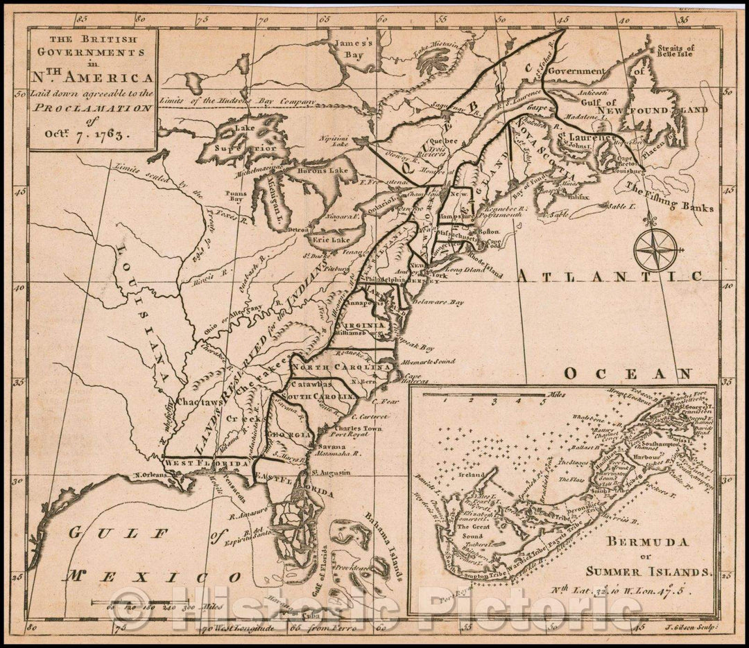 Historic Map - The British Governments in Nth America Laid down agreeable to the Proclamation of Octr. 7, 1763 [Large Bermuda Inset], 1763 - Vintage Wall Art