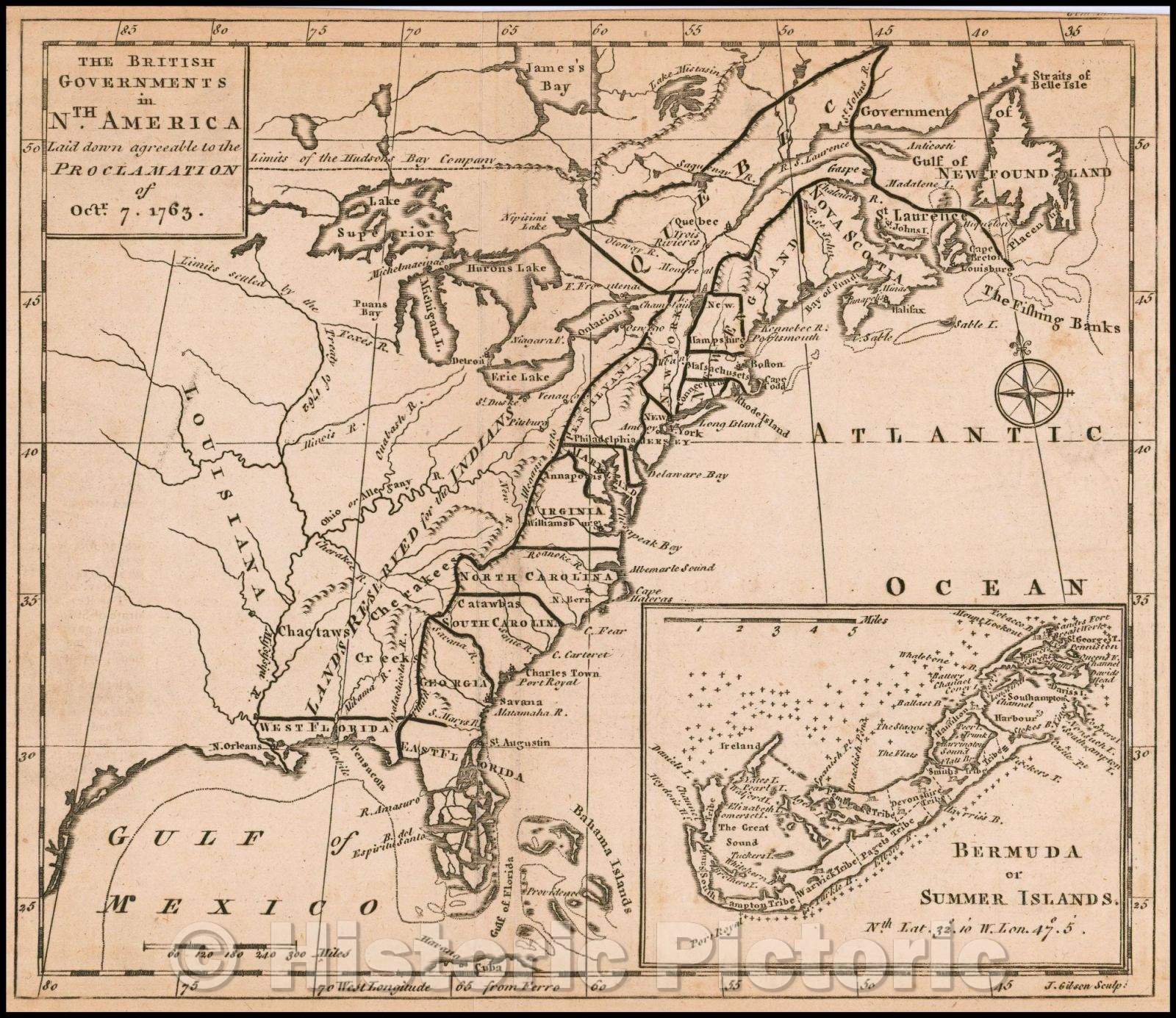 Historic Map - The British Governments in Nth America Laid down agreeable to the Proclamation of Octr. 7, 1763 [Large Bermuda Inset], 1763 - Vintage Wall Art