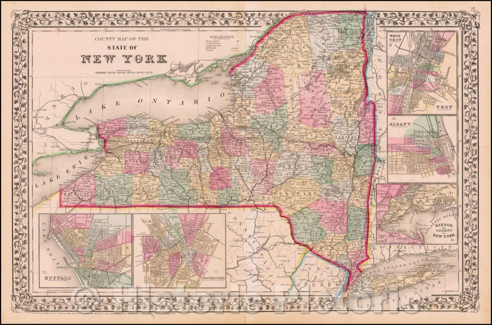 Historic Map - County Map of the State of New York, 1878, Samuel Augustus Mitchell Jr. - Vintage Wall Art