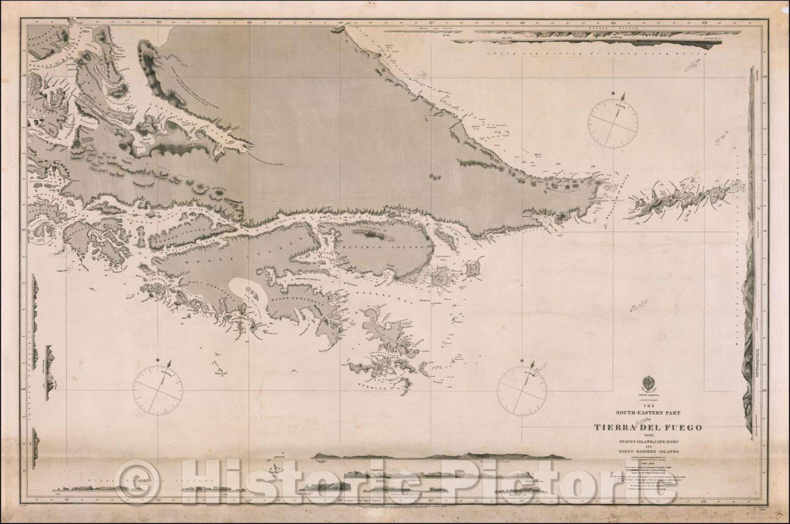 Historic Map - The South-Eastern Part of Tierra Del Fuego with Staten Island, Cape Horn and Diego Ramirez Islands Surveyed, 1836, British Admiralty - Vintage Wall Art