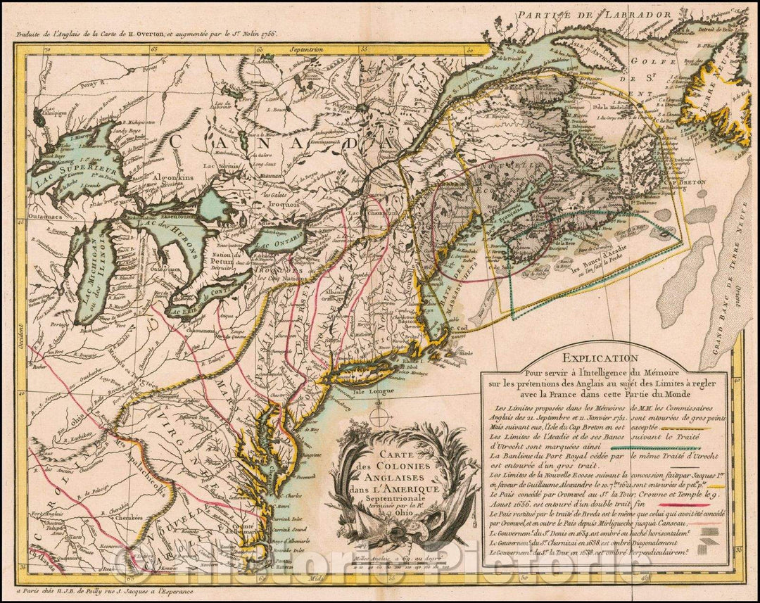 Historic Map - Carte des Colonies Anglaises dans L'Amerique Septentrionale terminee par la Re. Ohio. / Region affected by the Acadia Boundary Dispute, 1756 - Vintage Wall Art