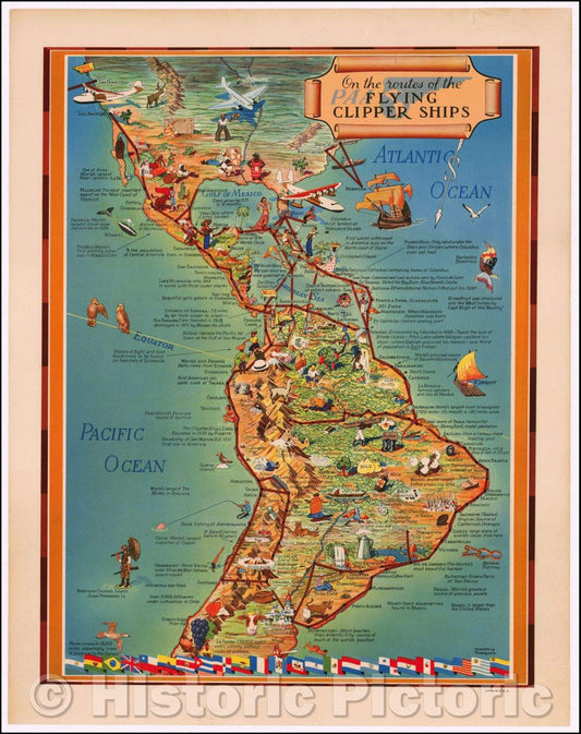 Historic Map - On the routes of the Flying Clippers, 1940, Kenneth W. Thompson - Vintage Wall Art