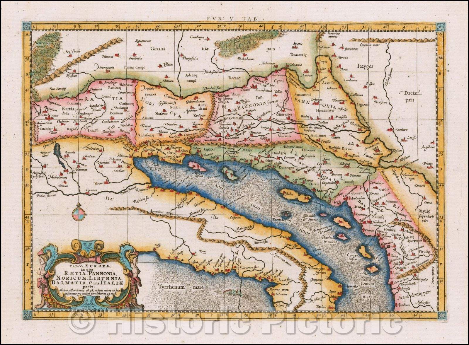 Historic Map - Tab V. Europae in qua Raetia, Pannonia, Noricum, Liburnia, Dalmatia, Cum Italiae Parte, 1578, Gerard Mercator - Vintage Wall Art