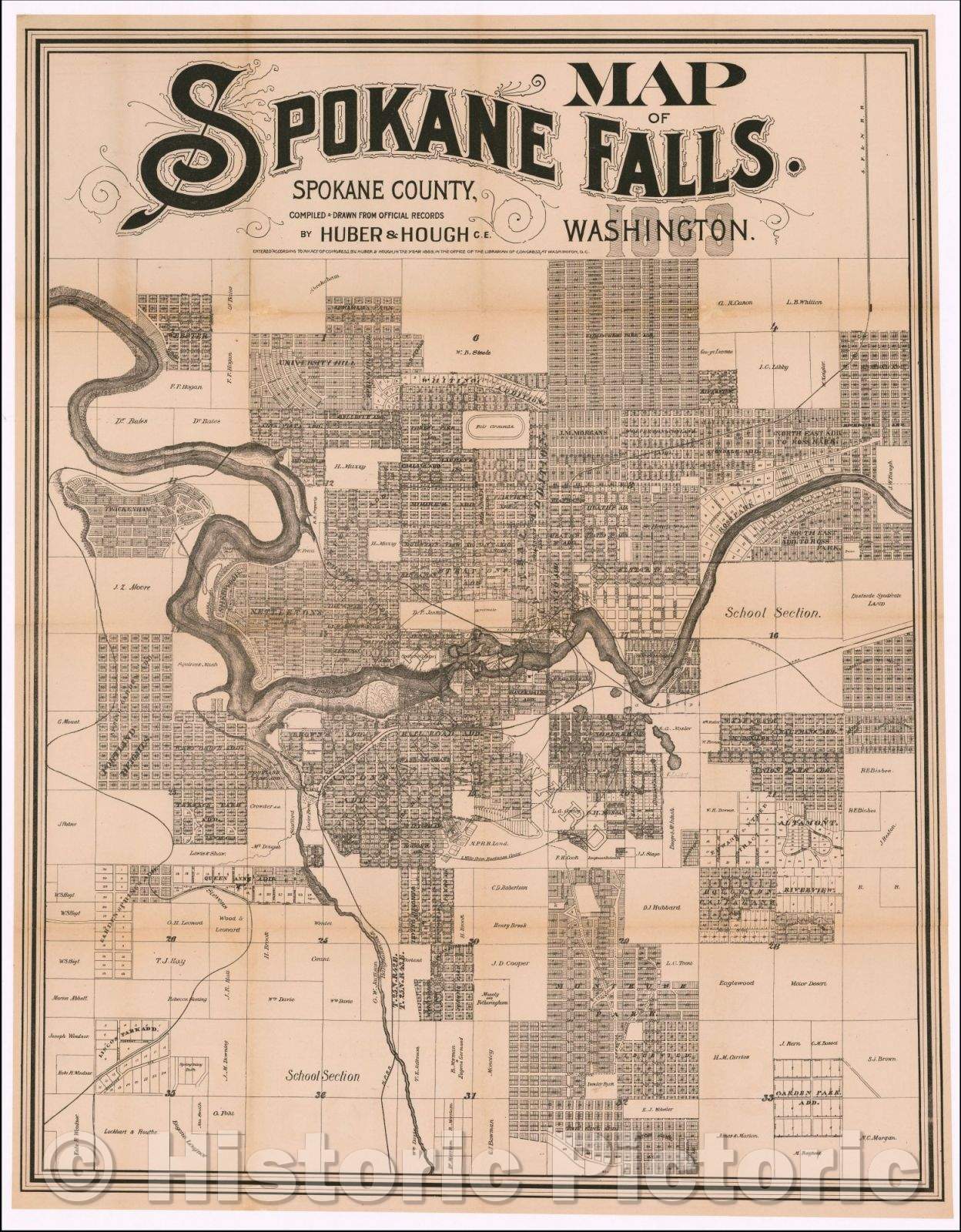 Historic Map - Map of Spokane Falls. Spokane County, Washington, 1889, Huber & Hough - Vintage Wall Art