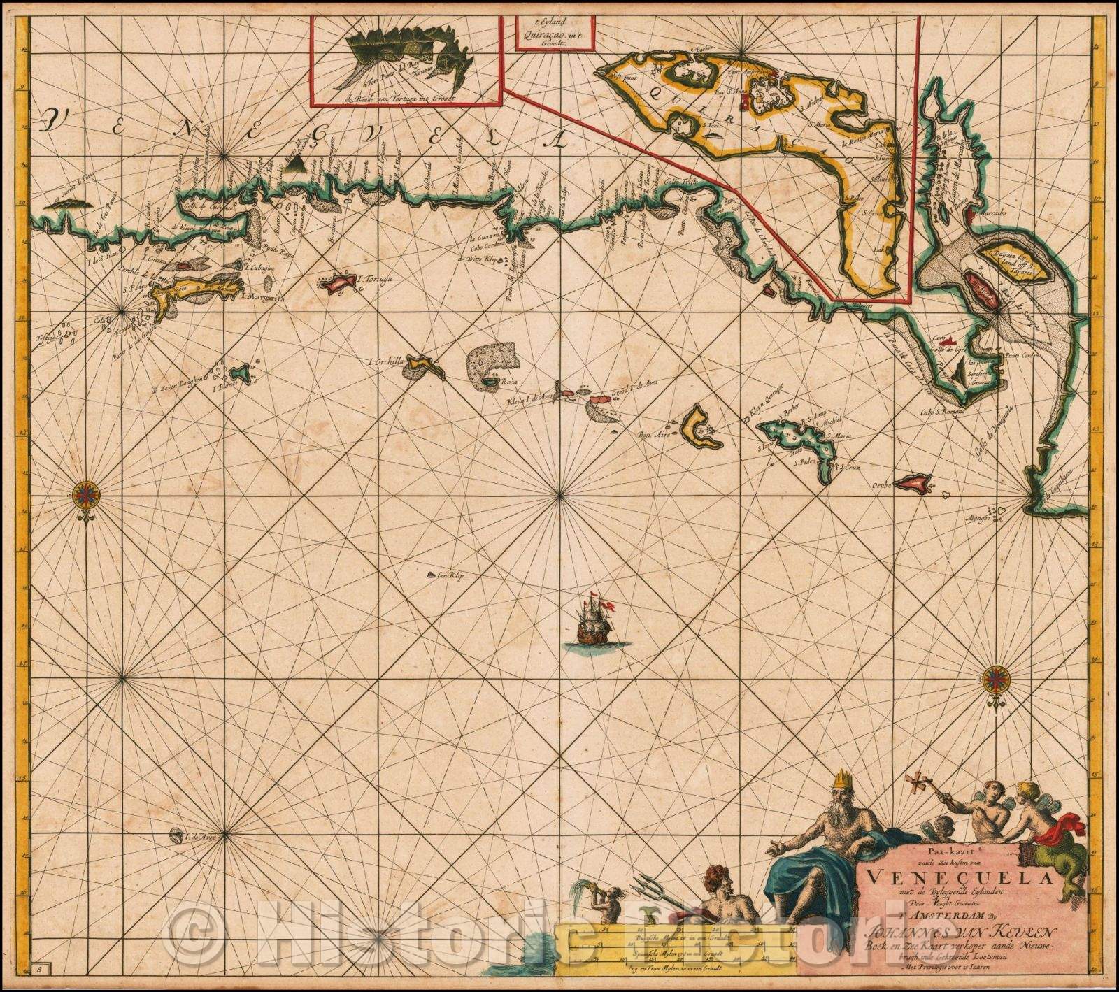 Historic Map - Curacao/Pas-kaart vande zee custen van Venecuela met dye Bylegende Eylanden, 1684, Johannes Van Keulen - Vintage Wall Art