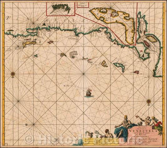 Historic Map - Curacao/Pas-kaart vande zee custen van Venecuela met dye Bylegende Eylanden, 1684, Johannes Van Keulen - Vintage Wall Art
