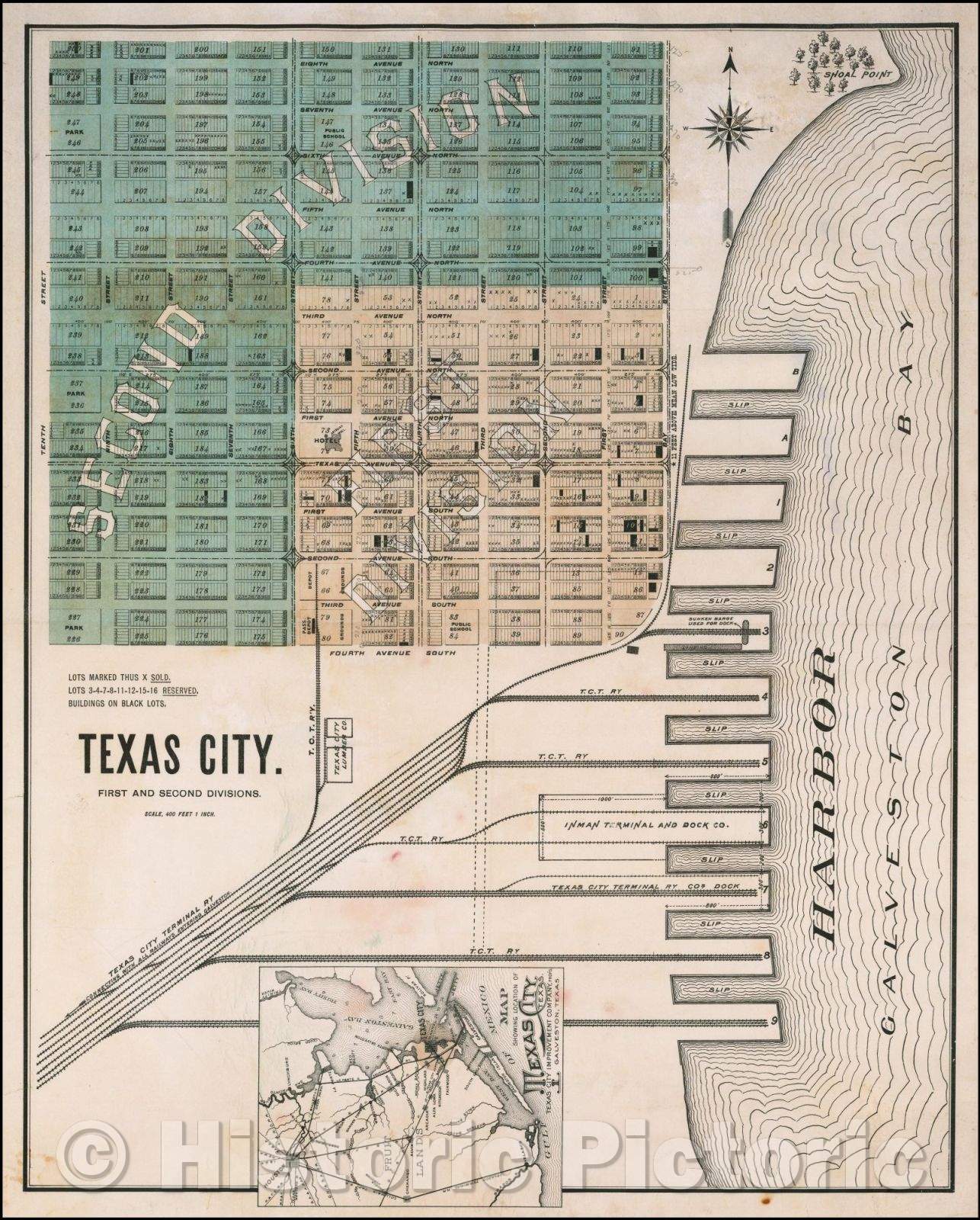 Historic Map - Texas City. First and Second Divisions, 1893, - Vintage Wall Art