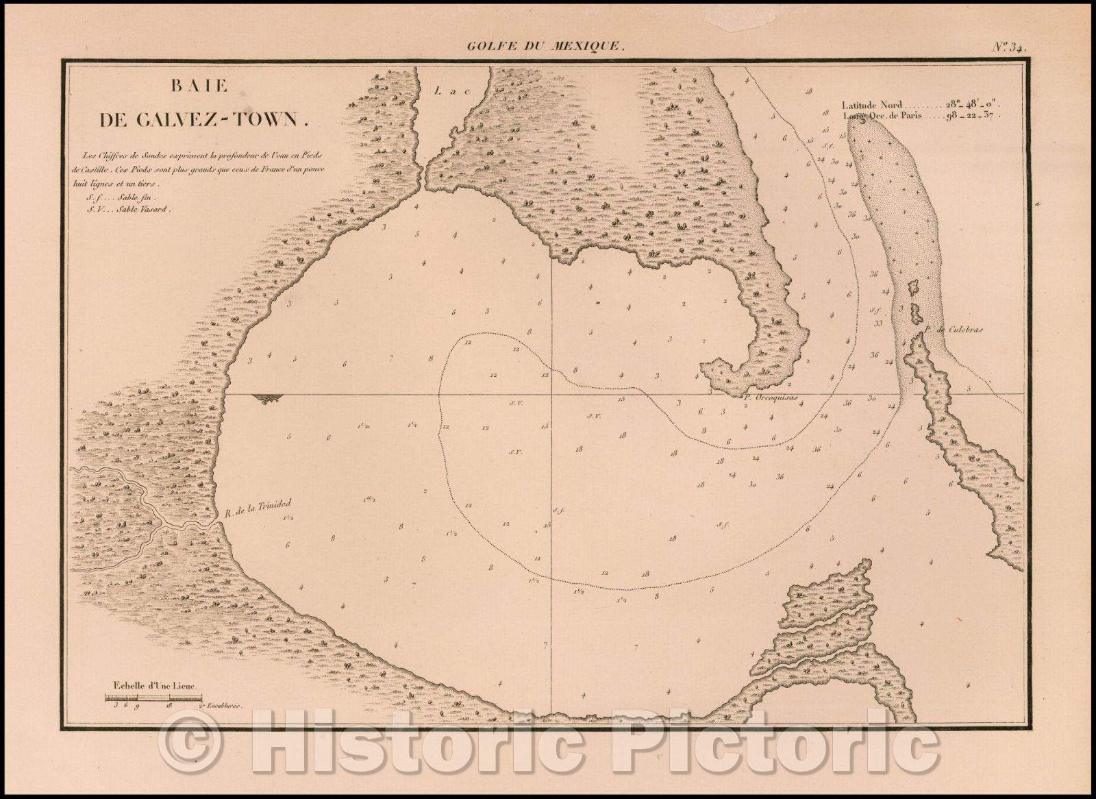 Historic Map - [Galveston Bay] Baie De Galvez-Town/Sea Chart of Galveston Bay, Galveston Bay and the east end of Galveston Island, 1820, Depot de la Marine - Vintage Wall Art