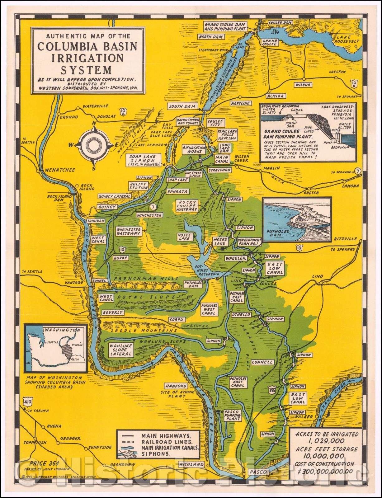 Historic Map - Authentic Map of the Columbia Basin Irrigation System As It Will Appear Upon Completion, 1947, Lindgren Brothers - Vintage Wall Art