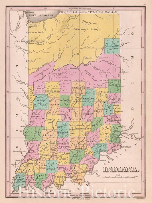 Indiana - Counties and Towns, 1827 | Historical Map Print