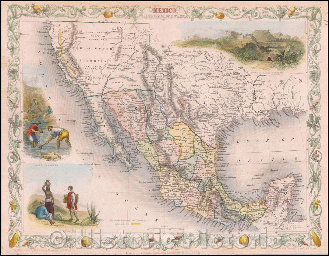 Historic Map - Mexico, California and Texas (with Gold Rush Vignette), 1851, John Tallis v2