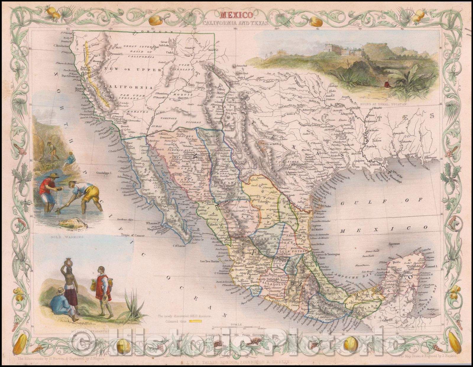 Historic Map - Mexico, California and Texas (with Gold Rush Vignette), 1851, John Tallis v2