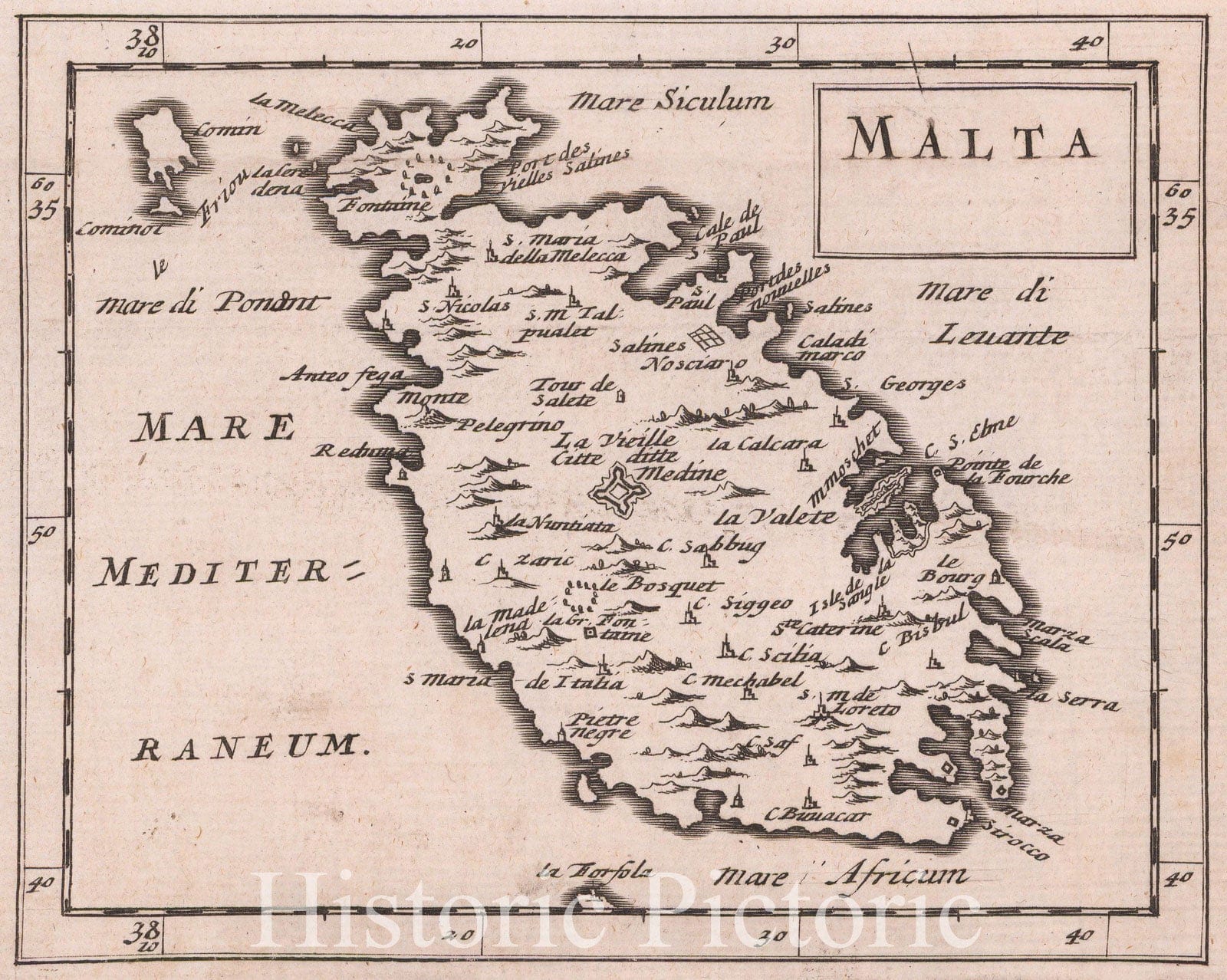 Historic Map - Malta, 1681, Sir Jonas Moore - Vintage Wall Art