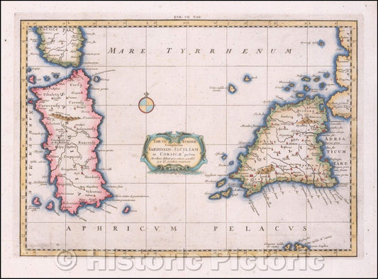 Historic Map - Tab. VII Europeae Complecten Sardiniam, Siciliam, ac Corsicae partem, 1698, Gerard Mercator - Vintage Wall Art