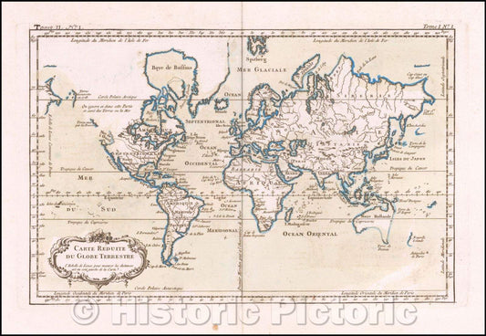 Historic Map - Carte Reduite Du Globe Terrestre, 1764, Jacques Nicolas Bellin v2