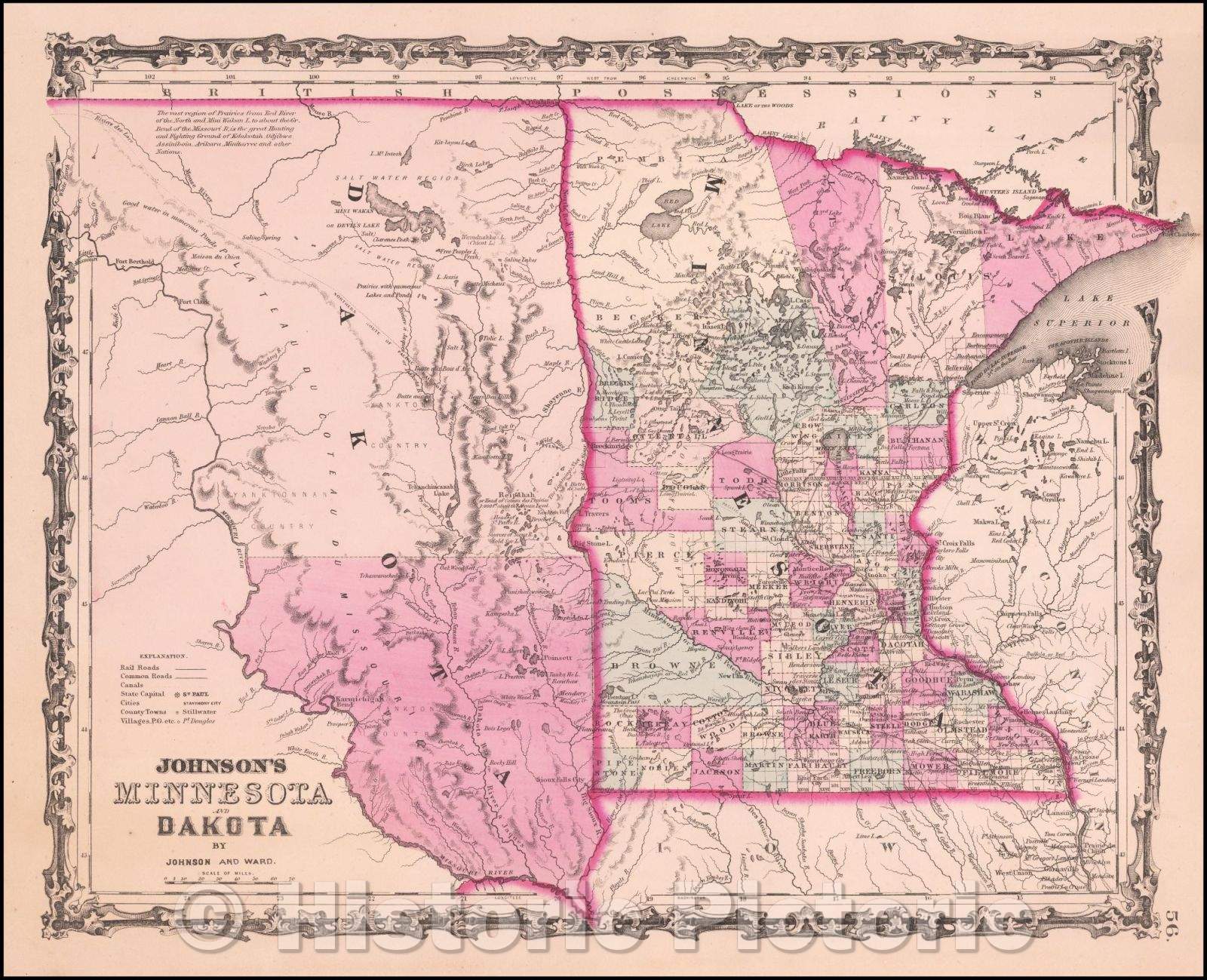 Historic Map - Johnson's Minnesota and Dakota, 1861, Benjamin P Ward v2