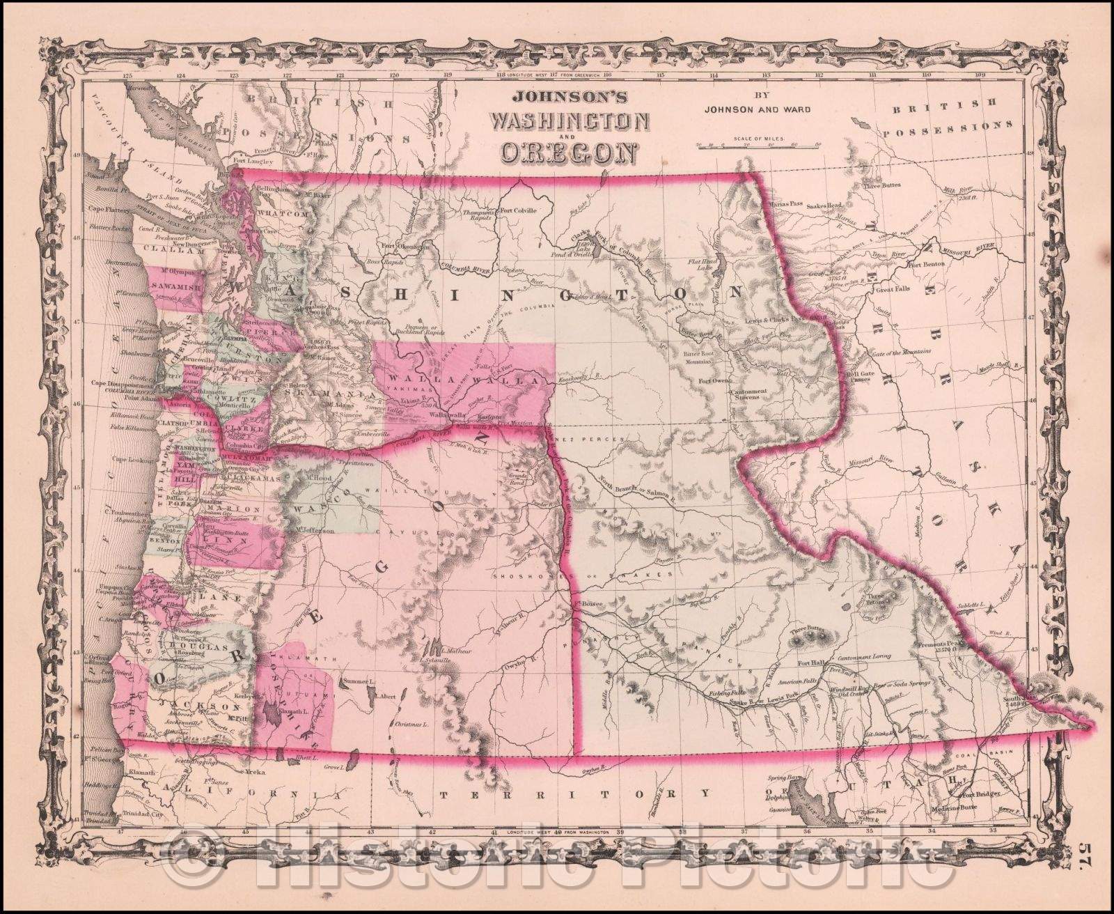 Historic Map - Johnson's Washington & Oregon, 1862, Benjamin P Ward - Vintage Wall Art