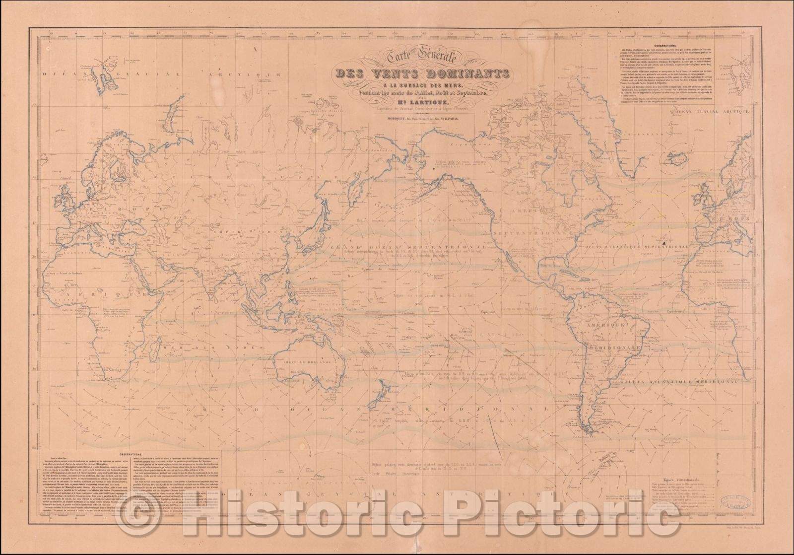 Historic Map - Carte Generale Des Vents Dominants A La Surface des Mers/Map of the World Showing Theory of the Winds, 1855, Joseph Lartigue - Vintage Wall Art