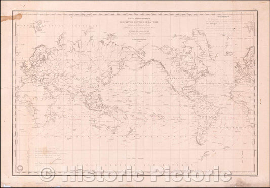 Historic Map - Carte Hydrographique Des Partes Connues/Hydrographic Map Of Partes Known Of The Earth erected on the Mercator Projection, 1840 - Vintage Wall Art