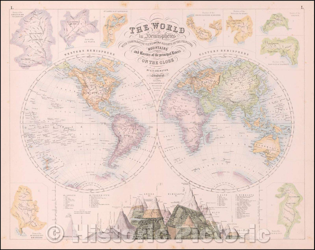 Historic Map - The World in Hemispheres with Comparative Views of the Heights of the Principal Mountains and Basins of the Principal Rivers on the Globe, 1849 v2