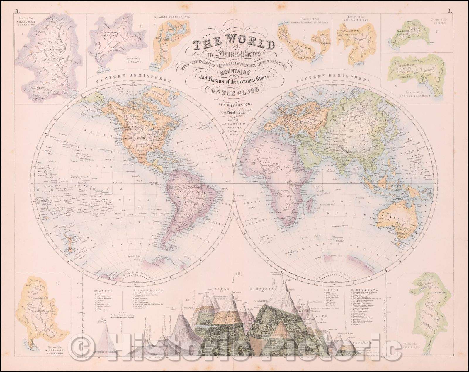 Historic Map - The World in Hemispheres with Comparative Views of the Heights of the Principal Mountains and Basins of the Principal Rivers on the Globe, 1849 v2