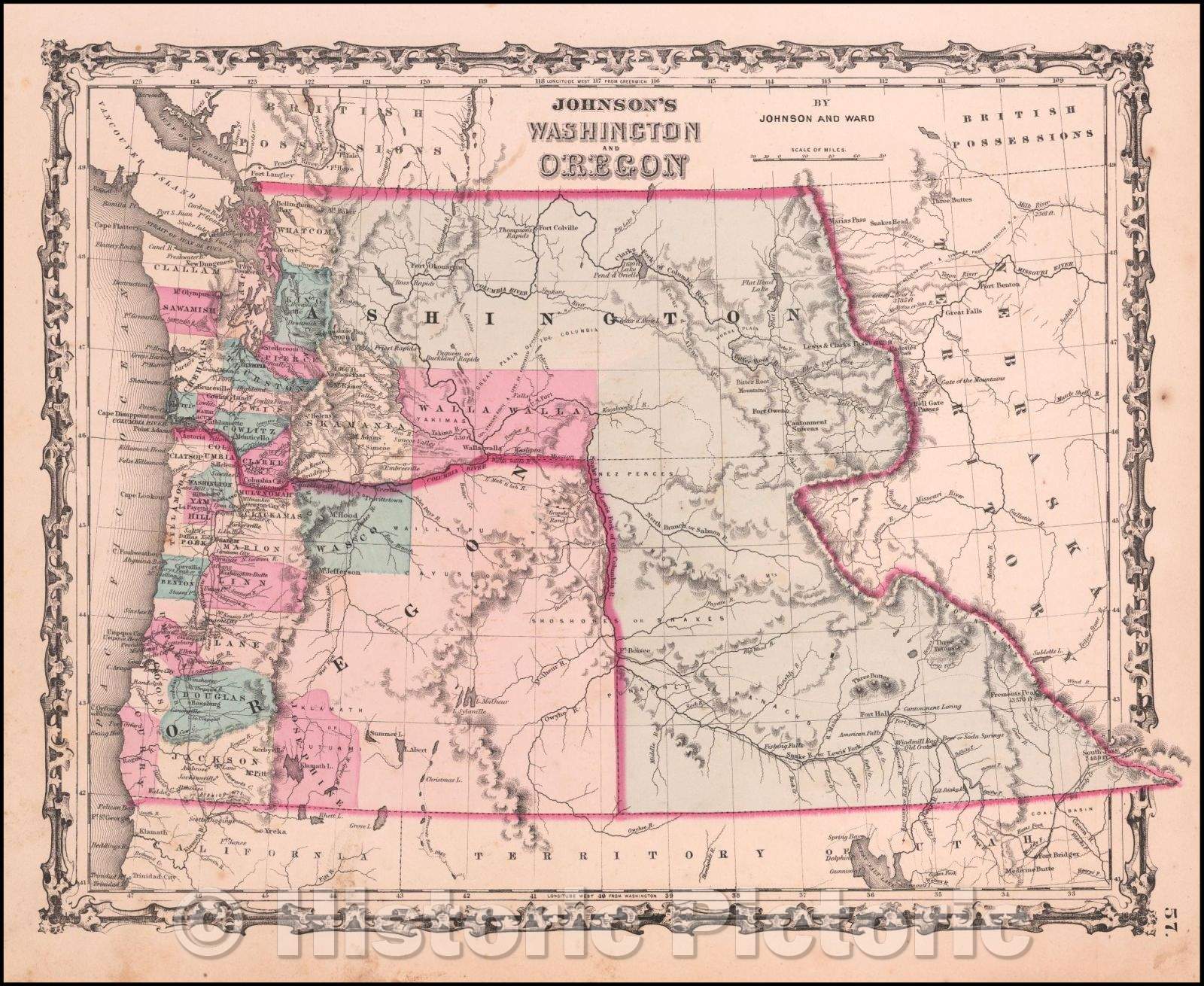 Historic Map - Johnson's Washington & Oregon, 1862, Alvin Jewett Johnson - Vintage Wall Art