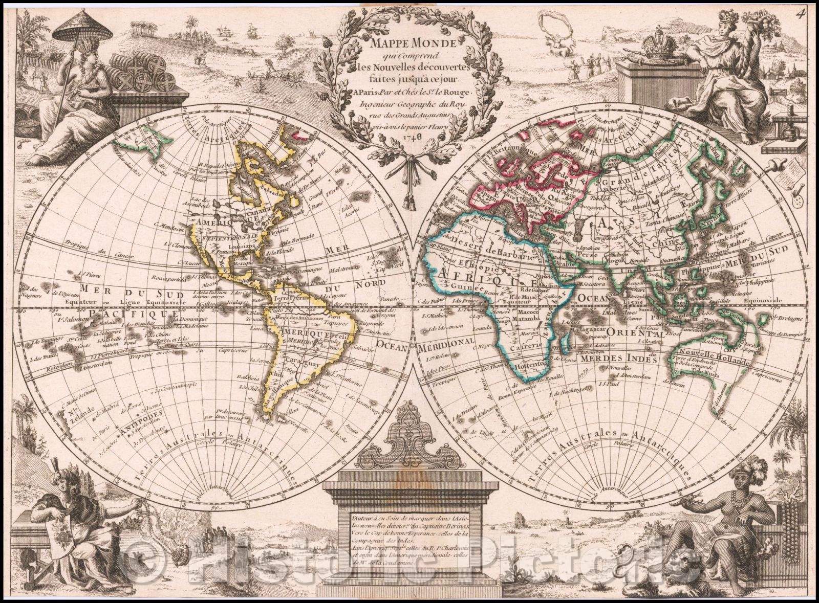 Historic Map - Mappe Monde qui Comprend les Nouvelles decouvertes faites jusqua ce jour, 1748, George Louis Le Rouge - Vintage Wall Art
