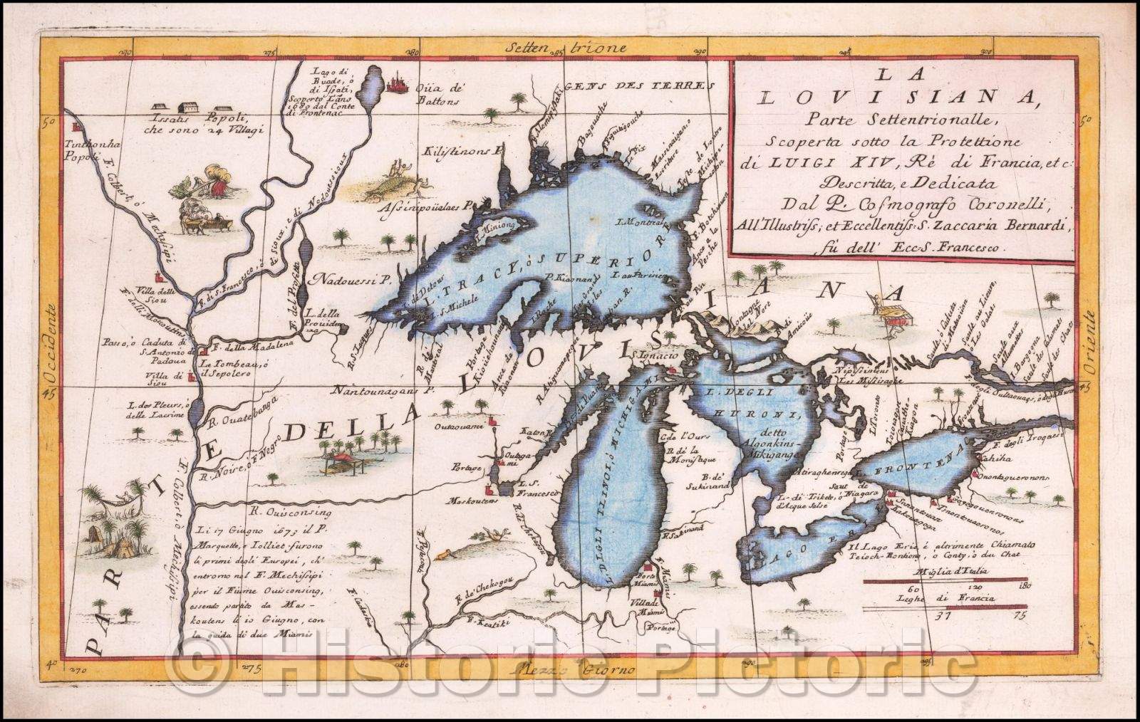 Historic Map - La Louisiana, Parte Settentrionalle, Scoperta sotto Protettione, 1691, Vincenzo Maria Coronelli - Vintage Wall Art