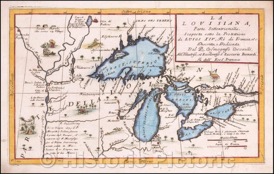 Historic Map - La Louisiana, Parte Settentrionalle, Scoperta sotto Protettione, 1691, Vincenzo Maria Coronelli - Vintage Wall Art