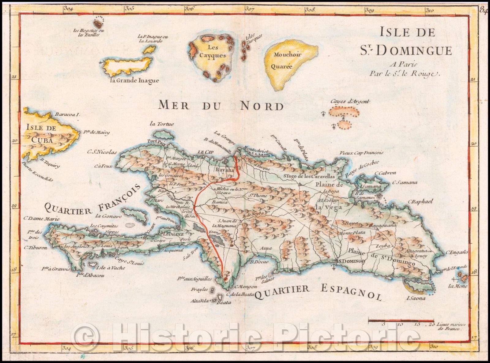 Historic Map - Isle De St. Domingue(with Turks & Caicos), 1748, George Louis Le Rouge - Vintage Wall Art