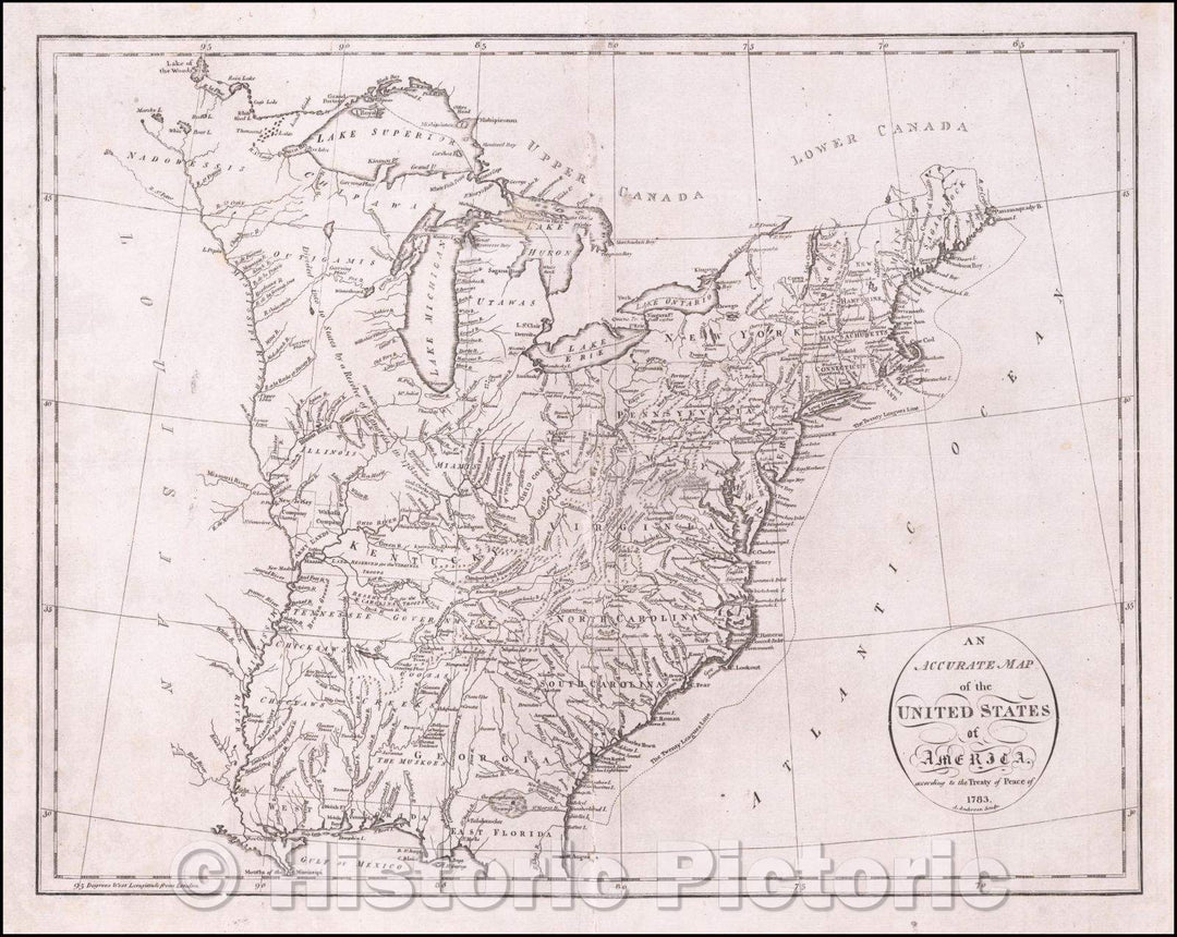 Historic Map - An Accurate Map of the United States of America according to the treaty of Peace of, 1796, John Reid - Vintage Wall Art