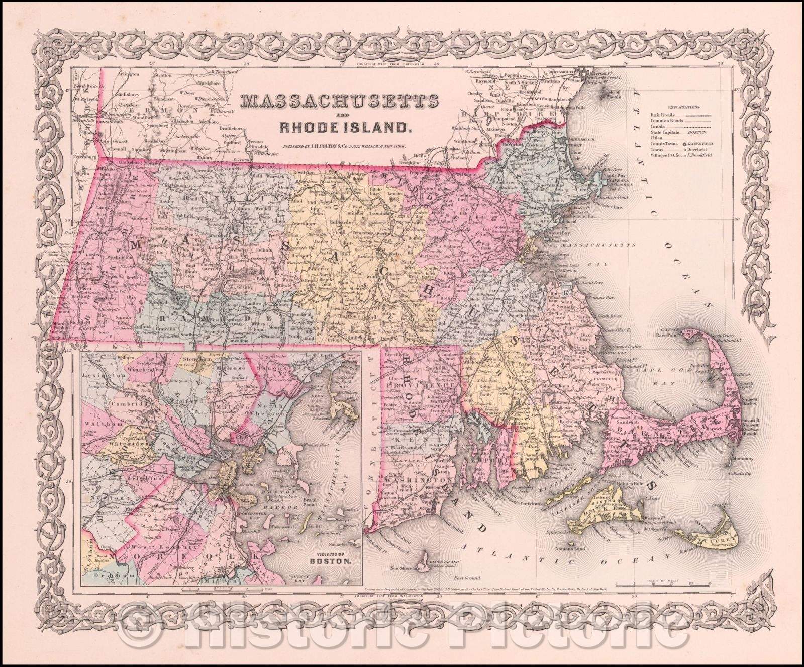 Historic Map - Massachusetts and Rhode Island, 1856, Joseph Hutchins Colton - Vintage Wall Art