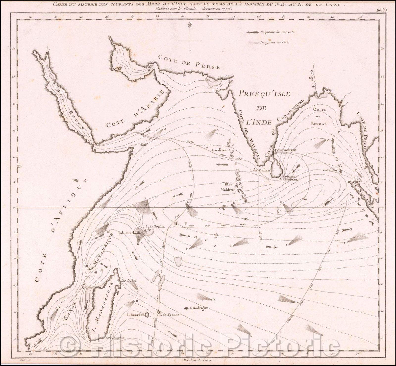 Historic Map - Carte du Sisteme des courants des Mers de L'Inde dans le tems de la mousso :: Sisteme current Seas of India in the time of the monsoon, 1788 - Vintage Wall Art