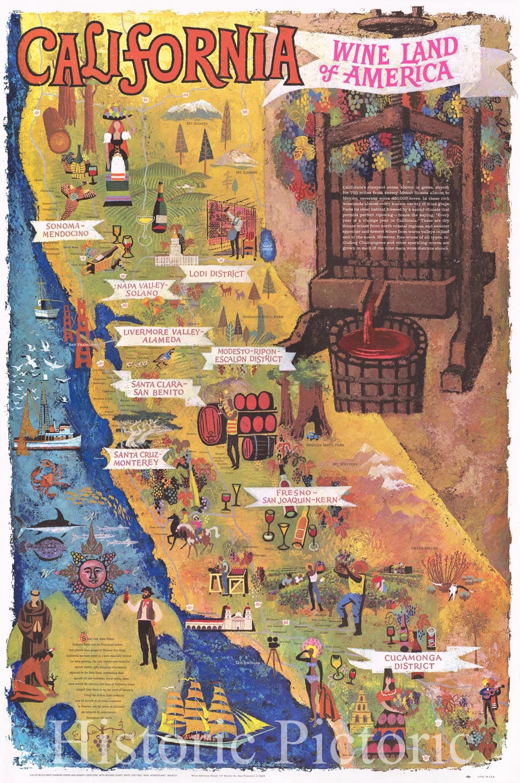 Historic Map - California. The Wine Land of America, 1960, Amado Gonzales - Vintage Wall Art