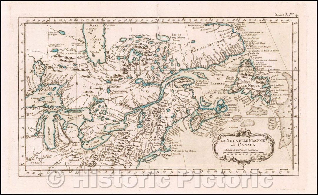 Historic Map - La Nouvelle France ou Canada/New France or Canada, 1764, Jacques Nicolas Bellin - Vintage Wall Art