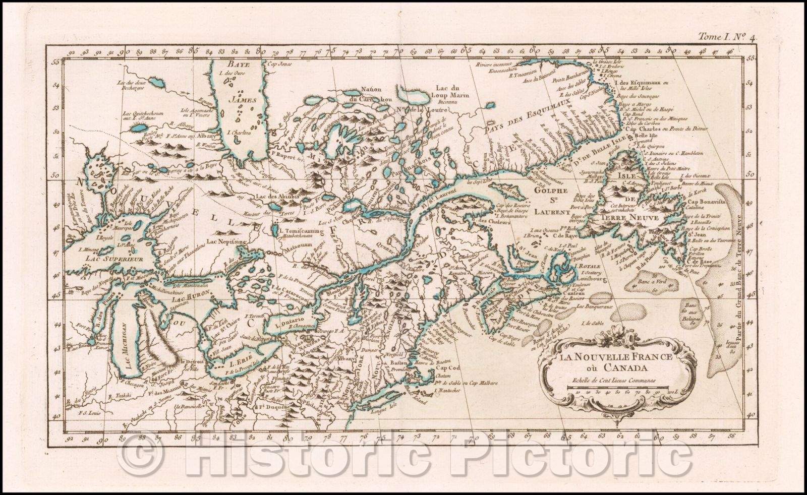 Historic Map - La Nouvelle France ou Canada/New France or Canada, 1764, Jacques Nicolas Bellin - Vintage Wall Art