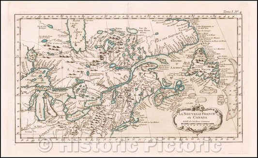 Historic Map - La Nouvelle France ou Canada/New France or Canada, 1764, Jacques Nicolas Bellin - Vintage Wall Art