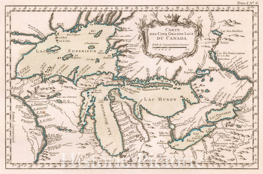 Historic Map - Carte Des Cinq Grands Lacs Du Canada/Map Of Five Great Lakes Of Canada, 1764, Jacques Nicolas Bellin - Vintage Wall Art