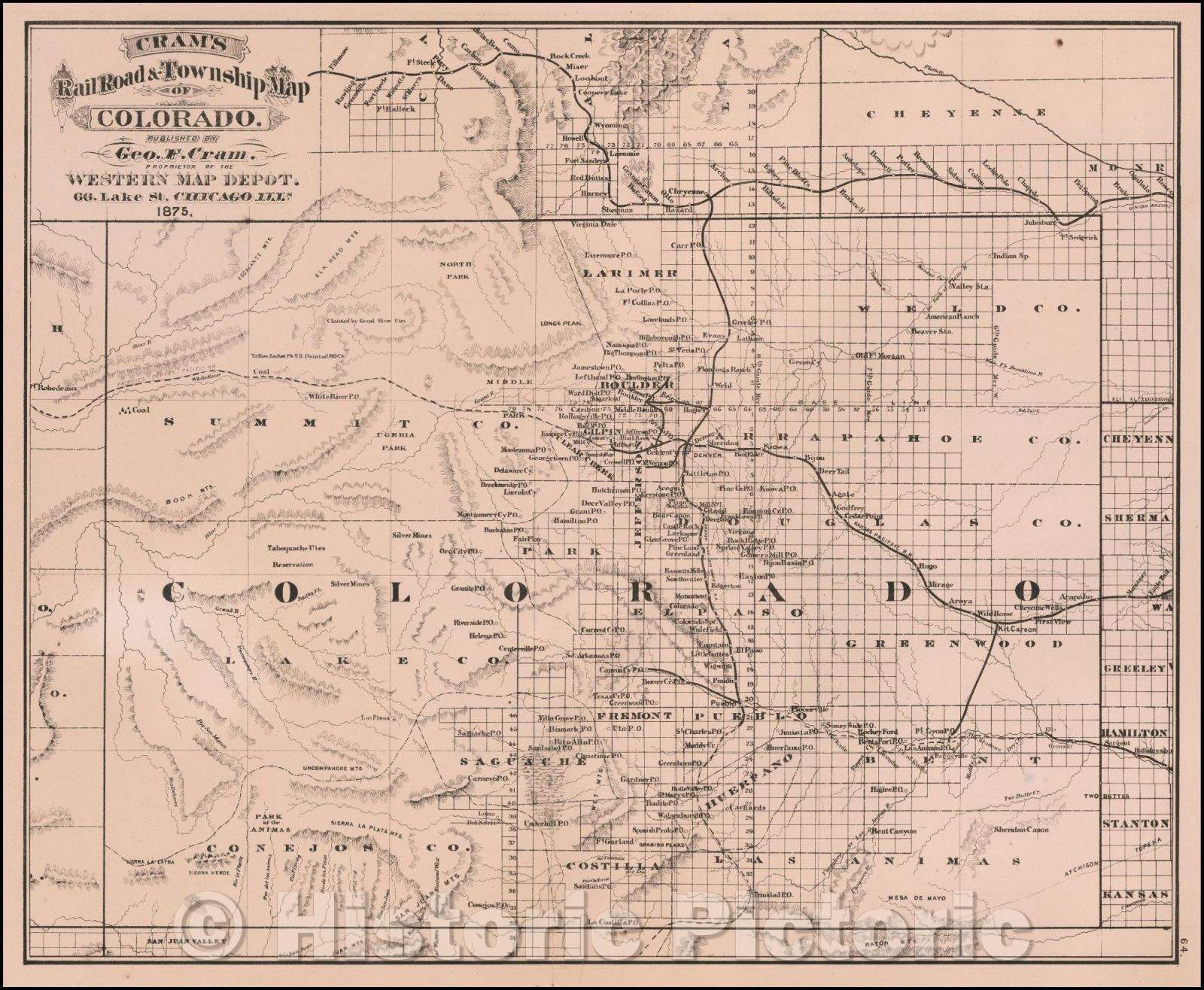 Historic Map - Cram's Rail Road & Township Map of Colorado, 1875, George F. Cram - Vintage Wall Art