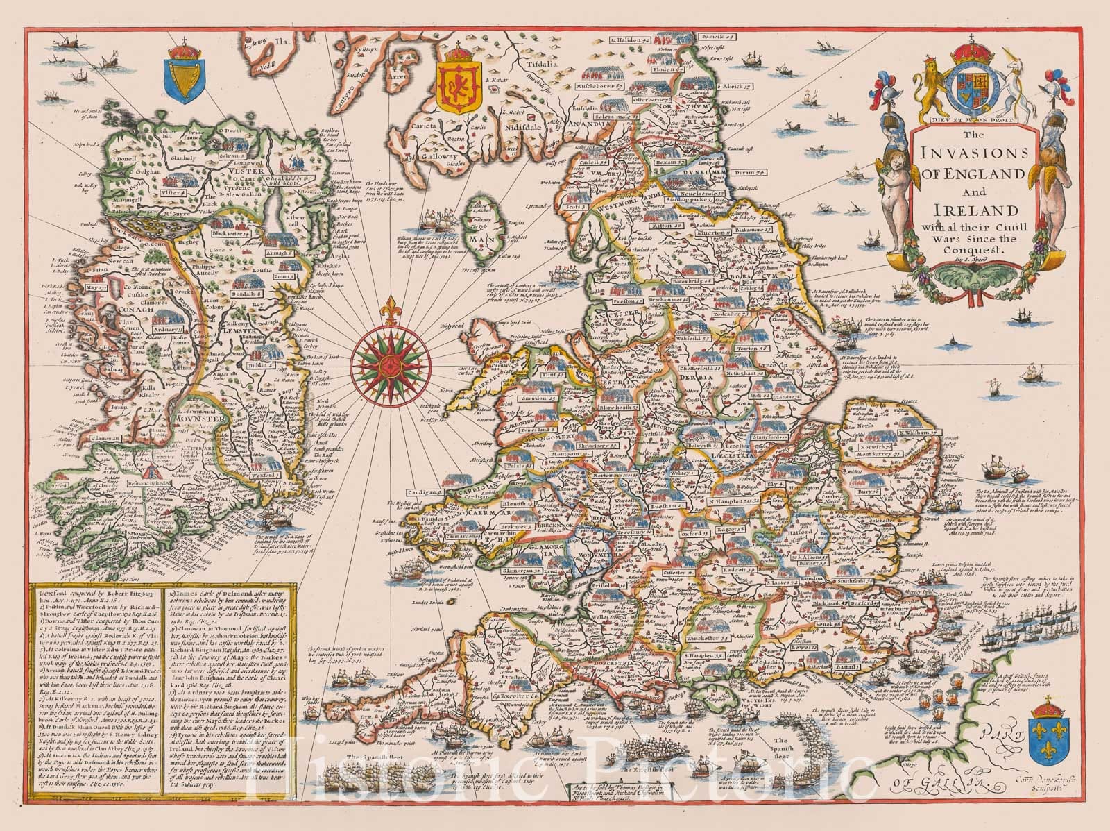 Historic Map - The Invasions of England and Ireland with al their Civill Wars Since the Conquest, 1676, John Speed - Vintage Wall Art