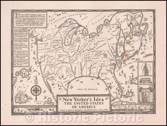 Historic Map - A New Yorker's Idea of the United States of America (Rare Marine Underwriter Corp overprint), 1935, Daniel K. Wallingford - Vintage Wall Art