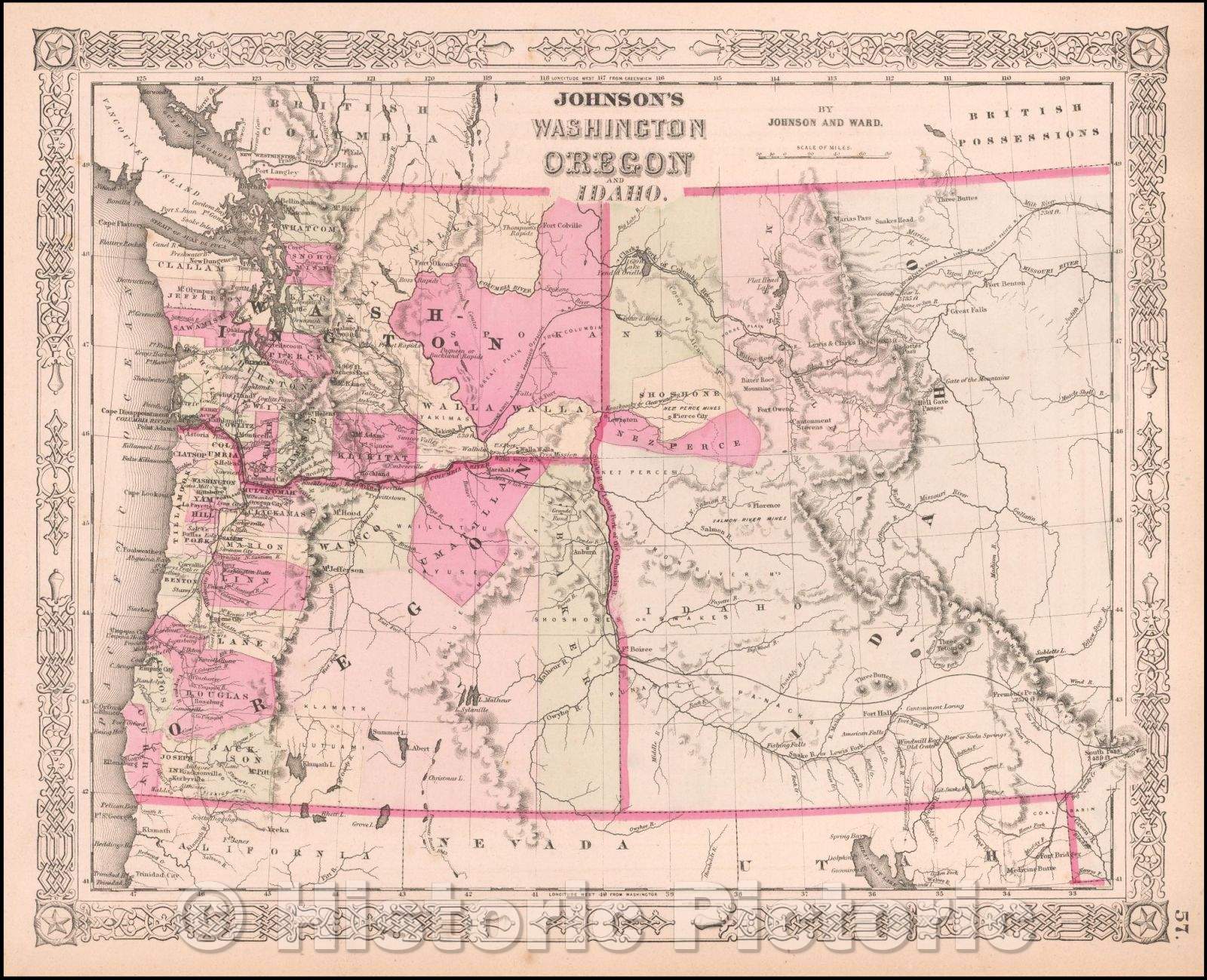 Historic Map - Johnson's Washington Oregon and Idaho, 1863, Benjamin P Ward v2