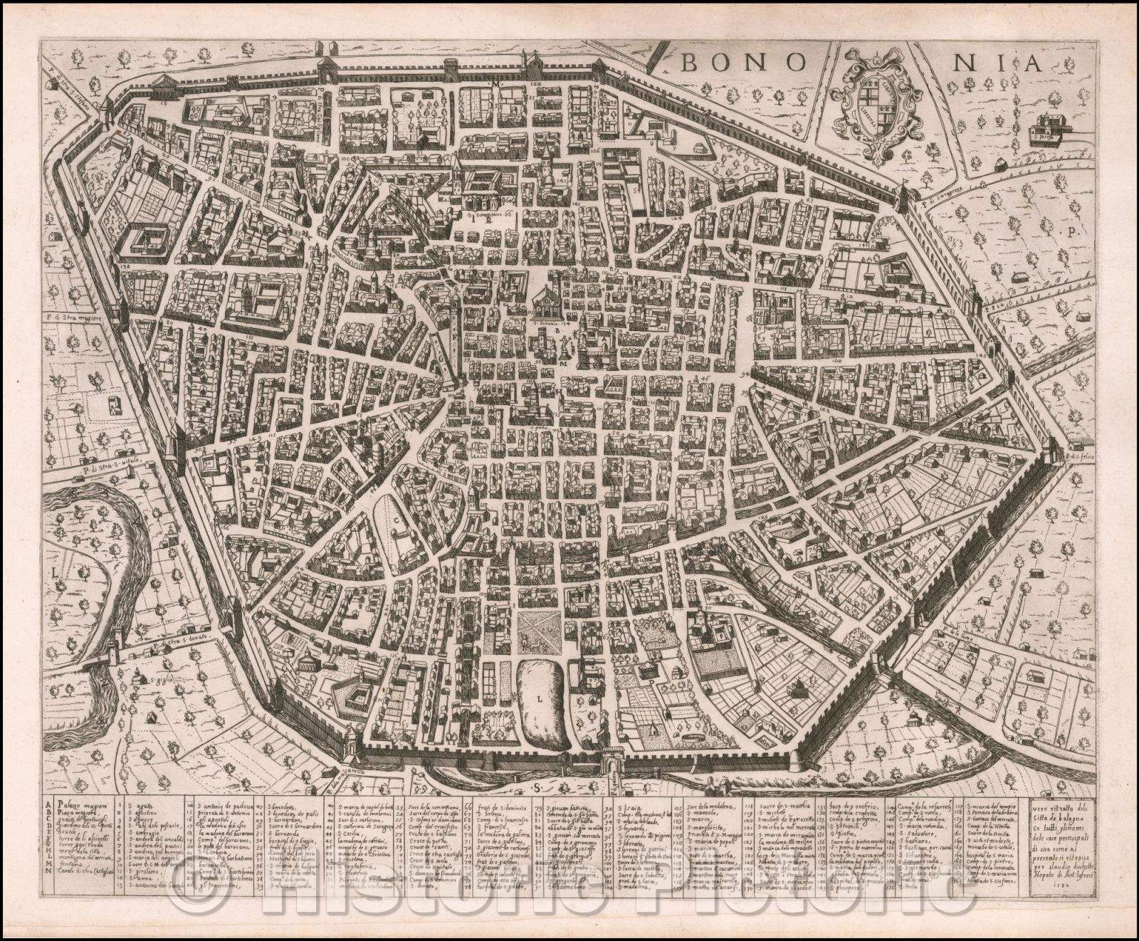 Historic Map - Bononia. Vero Ritratto de la citt?de Bologna/First state of this Map of Bologna by Claudio Duchetti, 1582, Antonio Lafreri - Vintage Wall Art