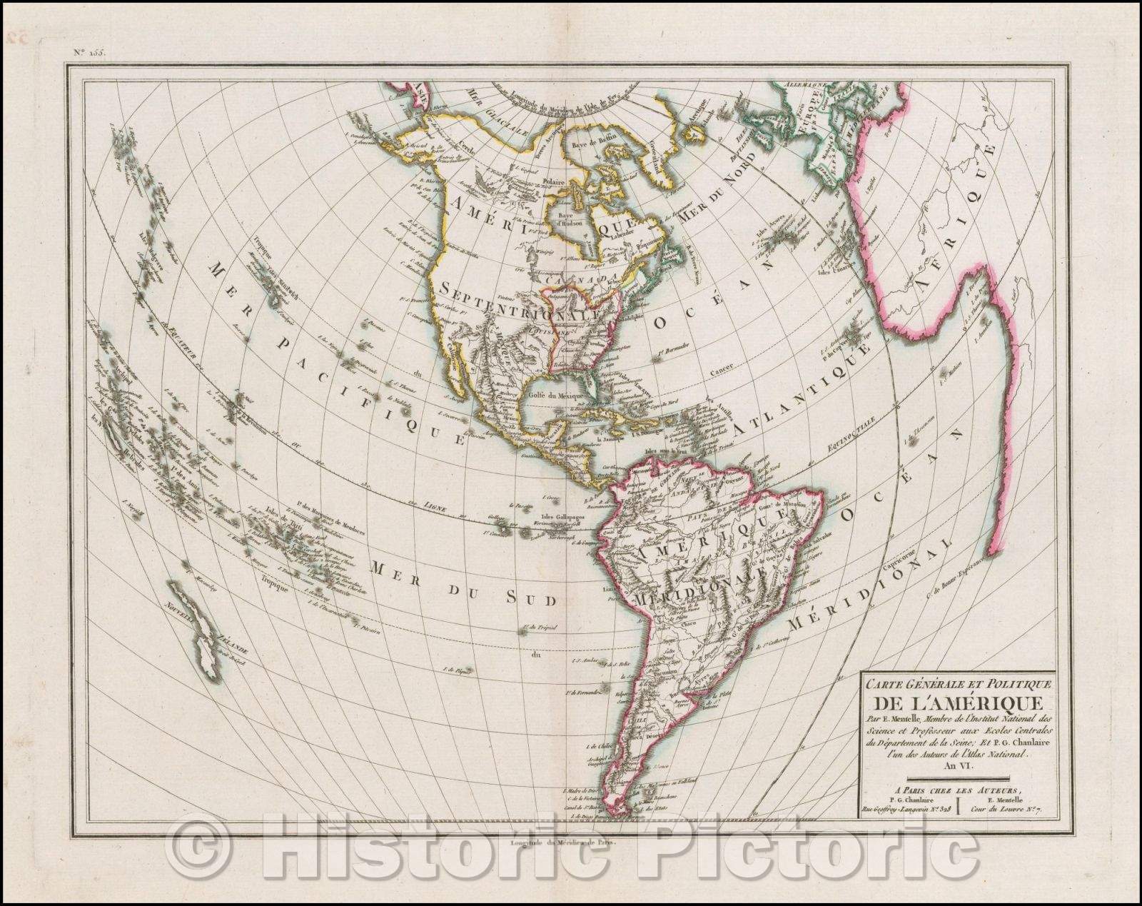 Historic Map - Carte Generale Et Politique De L'Amerique/Map of America, which appeared in Jansson's, 1798, Mentelle - Vintage Wall Art