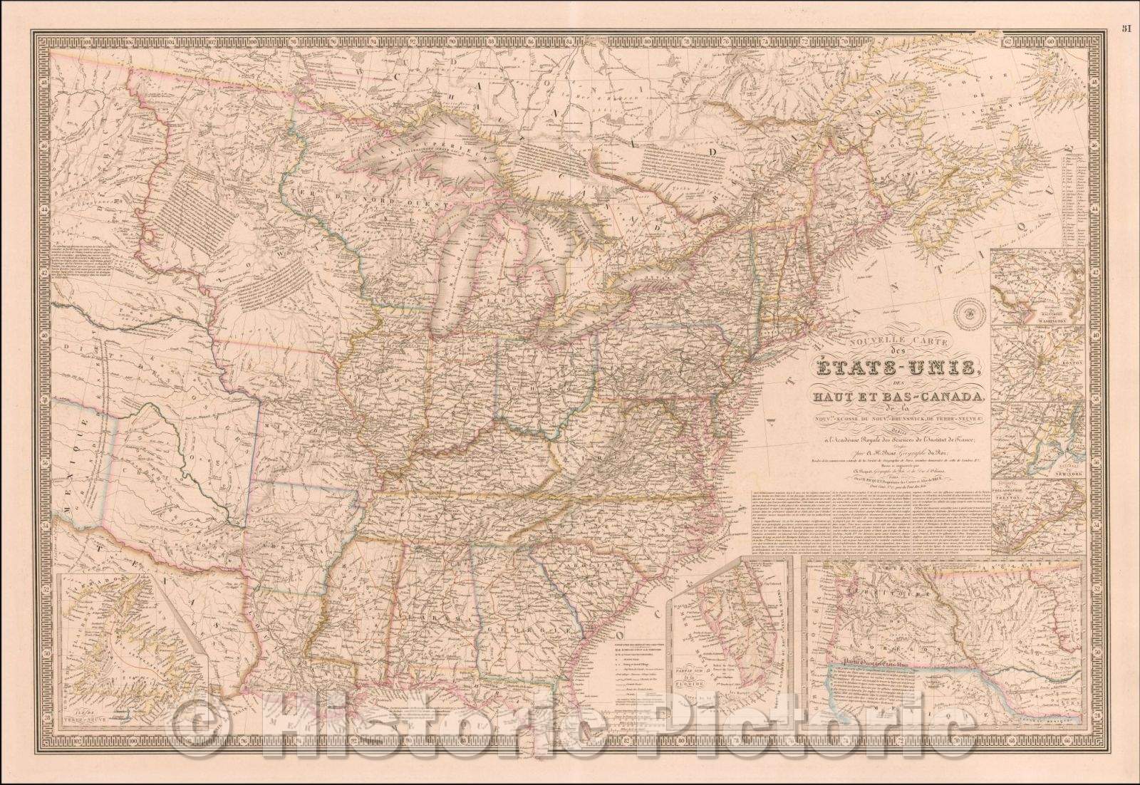 Historic Map - Nouvelle Carte des Etats-Unis, des Haut et Bas-Canada, Nouv.le-Ecosse, du Bouv.au-Brunswick, de Terre-Neuve, 1843, Adrien-Hubert Bru?v2