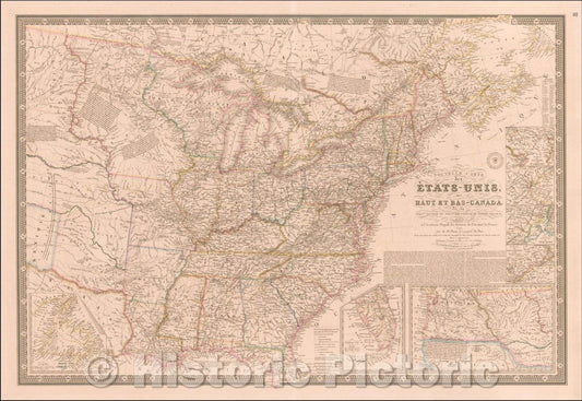 Historic Map - Nouvelle Carte des Etats-Unis, des Haut et Bas-Canada, Nouv.le-Ecosse, du Bouv.au-Brunswick, de Terre-Neuve, 1843, Adrien-Hubert Bru?v2