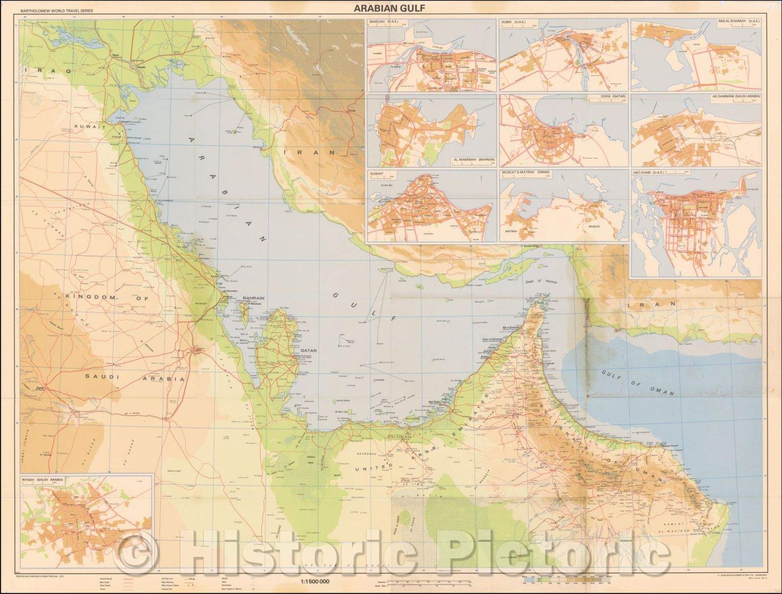 Historic Map - Arabian Gulf (Inset maps of Sharjah, Dubai, Ra Al Khaimah, Al Manmah, Doha, Ad Dammam, Kuwait City, Muscat & Matah, Abu Dhabi, Riyadh), 1977 - Vintage Wall Art
