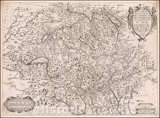 Historic Map - Charte De La Suisse, De La Rhetie, ou Des Grisons, De La Valtelin, Du Valay, autres Seigneuries Visines Exactement, 1625, Melchior Tavernier - Vintage Wall Art